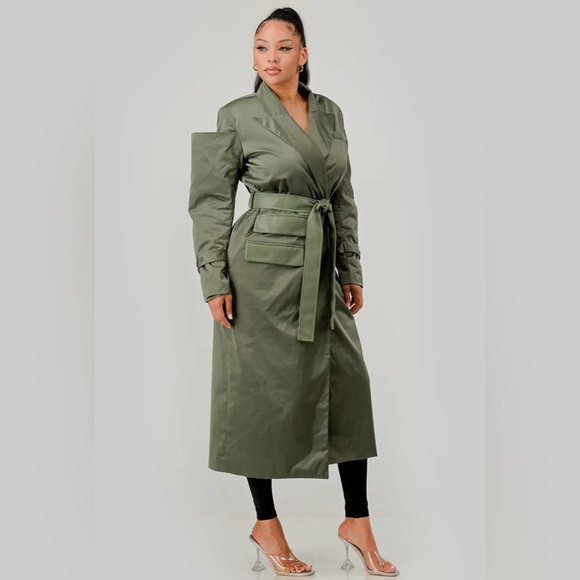 Olive Green Women's Trench Coat/with belt - Picture 5 of 8